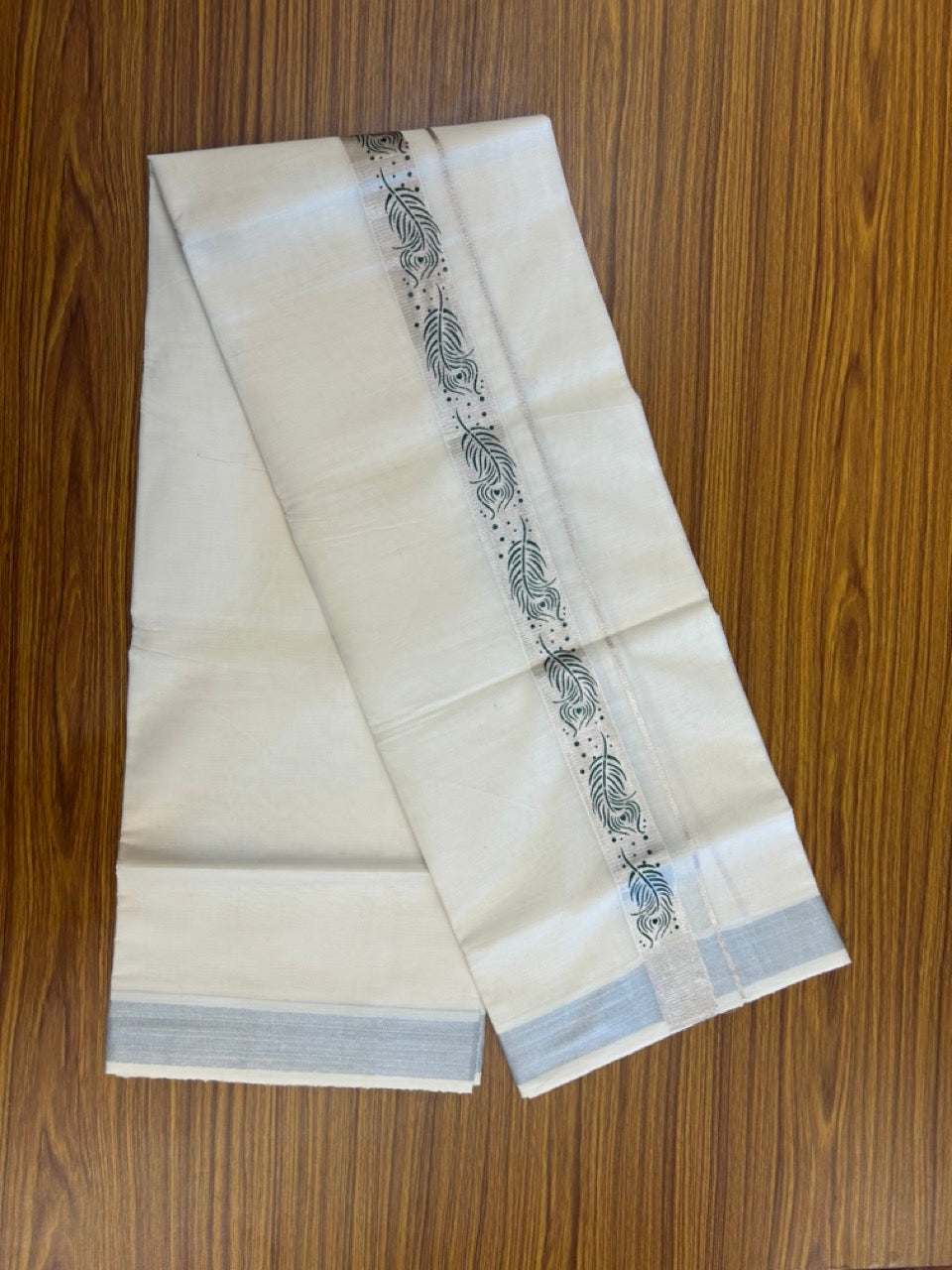 22% Discount!! KaithariKada Balaramapuram 100% Cotton Double Off White - (Ubleached) Mundu/Dhoti - 80x80 - 1.5 inch Silver Kasavu & Green Peacock Feather Printed Design Kara - 22 KK5253 GAN