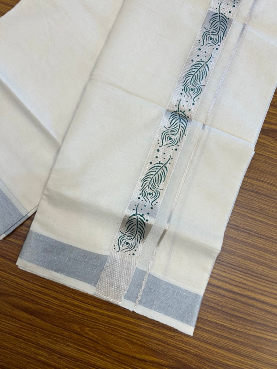 22% Discount!! KaithariKada Balaramapuram 100% Cotton Double Off White - (Ubleached) Mundu/Dhoti - 80x80 - 1.5 inch Silver Kasavu & Green Peacock Feather Printed Design Kara - 22 KK5253 GAN