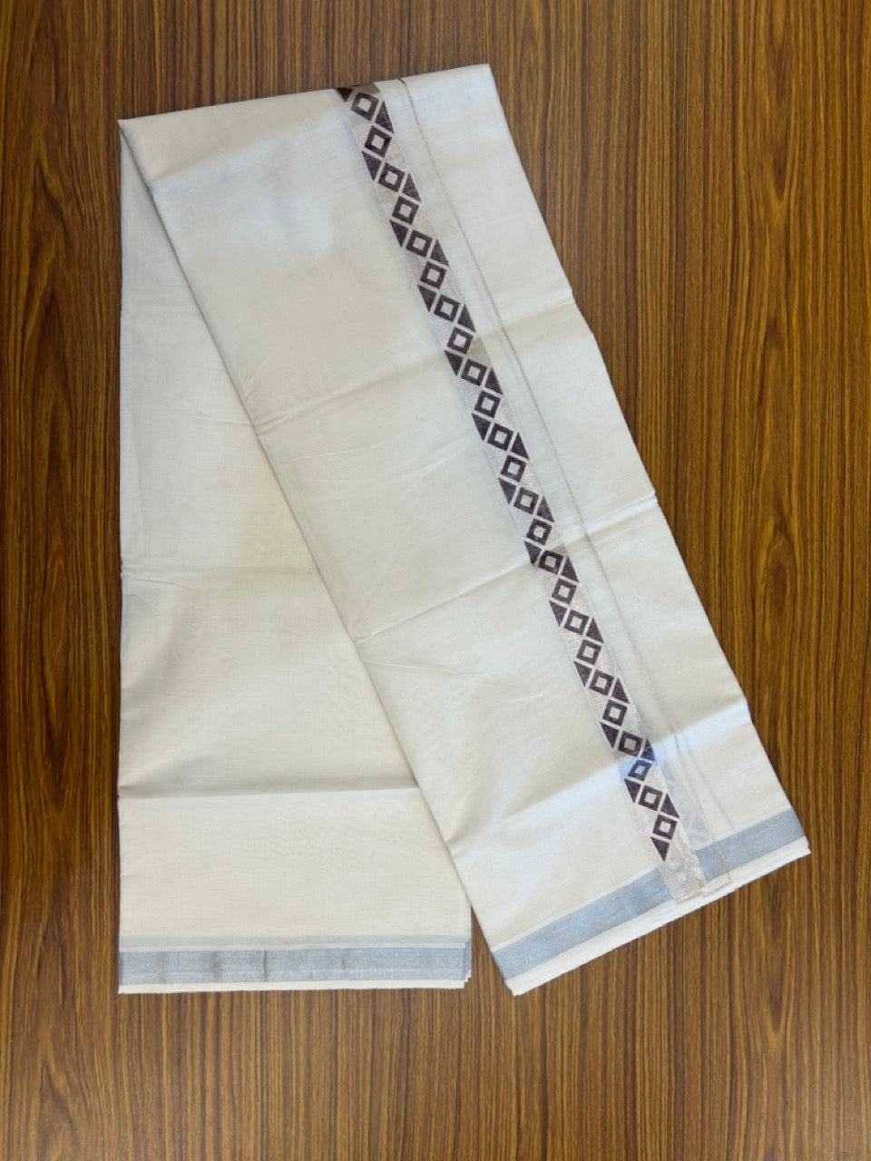 22% Discount!! KaithariKada Balaramapuram 100% Cotton Double Off White - (Ubleached) Mundu/Dhoti - 80x80 - 1 inch Silver Kasavu & Coffee Brown Printed Design Kara - 4 mtr (8 muzham)- 23 KK5253 GAN