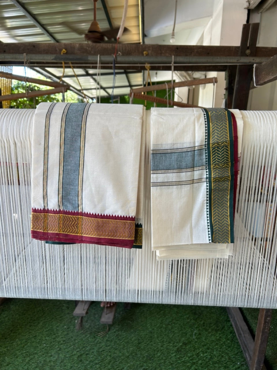 20% Discount! KaithariKada Mixed Cotton Off White - (Unbleached) 80x90 thread - North Indian - Gamcha 8x4 - 2 inch kara with Green & Maroon Gold Kasav Jacquard border - 16 KK5303 PMC