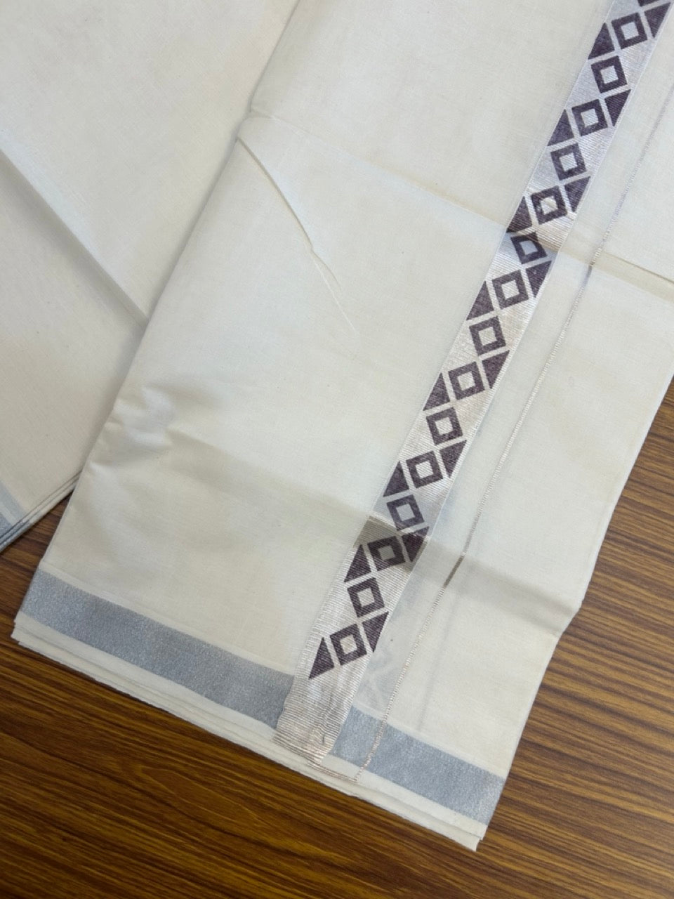 22% Discount!! KaithariKada Balaramapuram 100% Cotton Double Off White - (Ubleached) Mundu/Dhoti - 80x80 - 1 inch Silver Kasavu & Coffee Brown Printed Design Kara - 4 mtr (8 muzham)- 23 KK5253 GAN