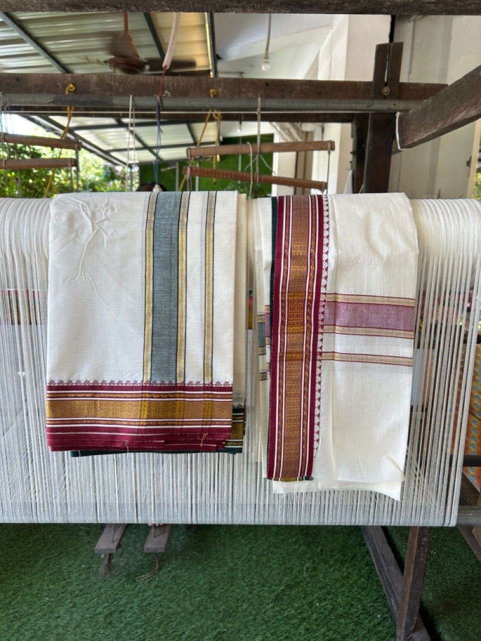 20% Discount! KaithariKada Mixed Cotton Off White - (Unbleached) 80x90 thread - North Indian - Gamcha 8x4 - 2 inch kara with Green & Maroon Gold Kasav Jacquard border - 21 KK5303 PMC