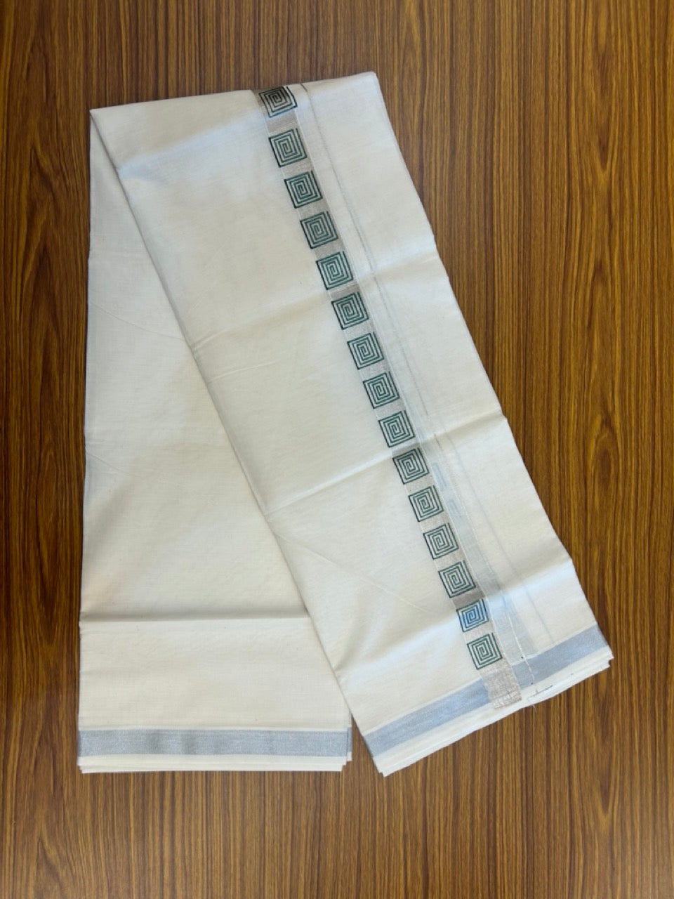 22% Discount!! KaithariKada Balaramapuram 100% Cotton Double Off White - (Ubleached) Mundu/Dhoti - 80x80 - 1 inch Silver Kasavu & Green Printed Design Kara - 4 mtr (8 muzham)- 24 KK5253 GAN