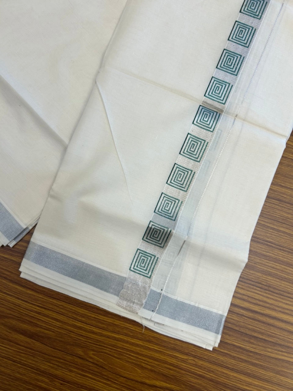 22% Discount!! KaithariKada Balaramapuram 100% Cotton Double Off White - (Ubleached) Mundu/Dhoti - 80x80 - 1 inch Silver Kasavu & Green Printed Design Kara - 4 mtr (8 muzham)- 24 KK5253 GAN