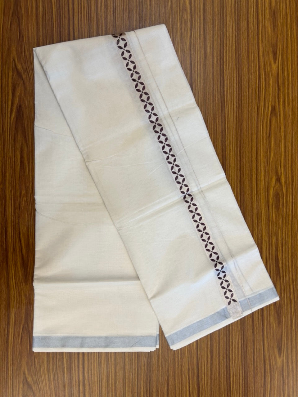 22% Discount!! KaithariKada Balaramapuram 100% Cotton Double Off White - (Ubleached) Mundu/Dhoti - 80x80 - 1 inch Silver Kasavu & Coffee Brown Printed Design Kara - 4 mtr (8 muzham)- 25 KK5253 GAN