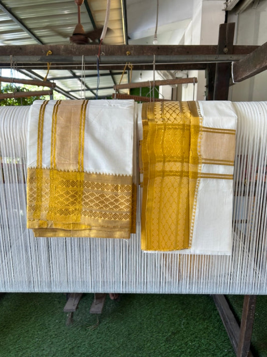 20% Discount! KaithariKada Mixed Cotton Off White - (Unbleached) 80x90 thread - North Indian - Gamcha 8x4 - 4 inch kara with Gold Kasav Jacquard border - 11 KK5303 PMC