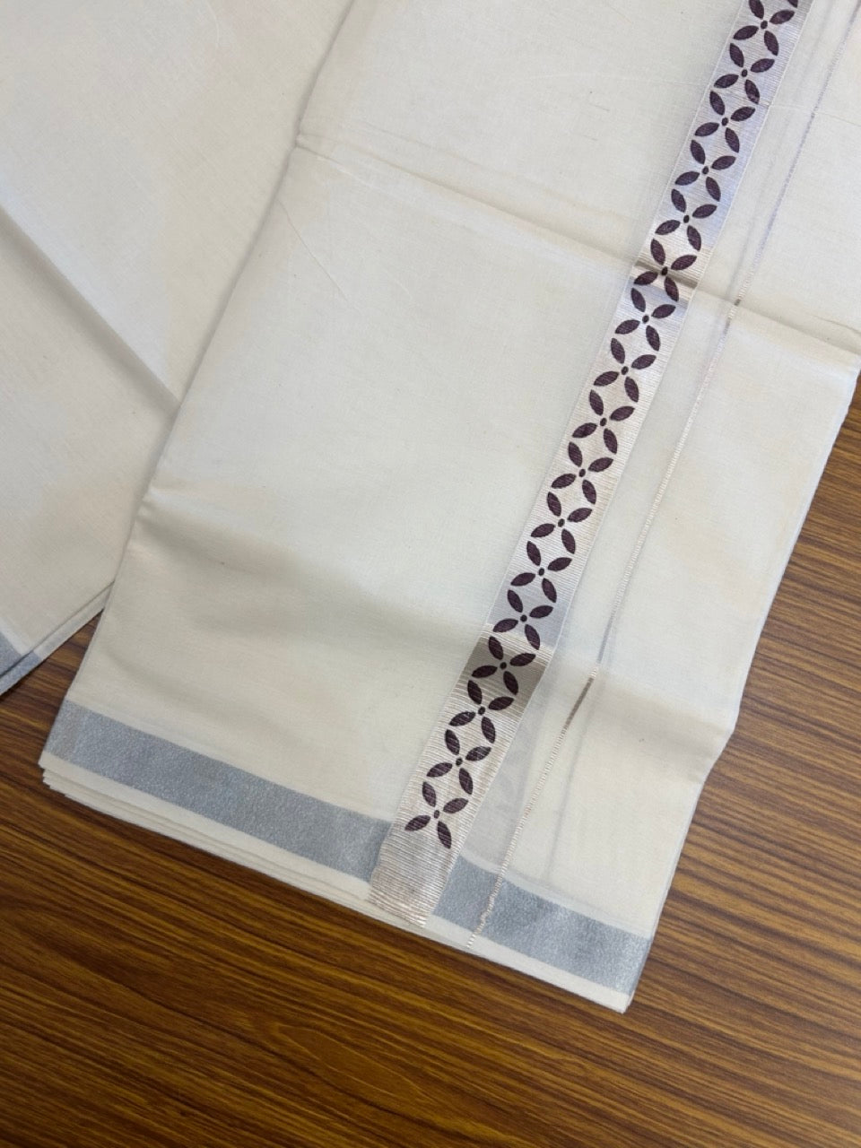 22% Discount!! KaithariKada Balaramapuram 100% Cotton Double Off White - (Ubleached) Mundu/Dhoti - 80x80 - 1 inch Silver Kasavu & Coffee Brown Printed Design Kara - 4 mtr (8 muzham)- 25 KK5253 GAN
