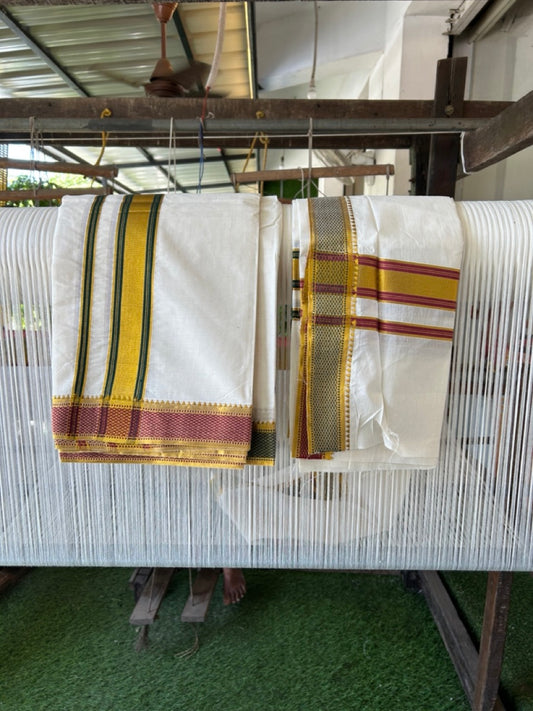 20% Discount! KaithariKada Mixed Cotton Off White - (Unbleached) 80x90 thread - North Indian - Gamcha 8x4 - 2 inch kara with Green & Maroon Gold Kasav Jacquard border - 22 KK5303 PMC