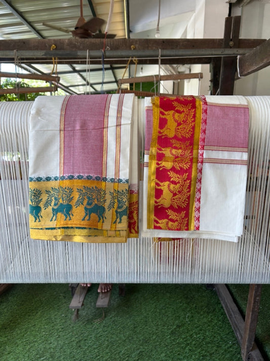 20% Discount! KaithariKada Mixed Cotton Off White - (Unbleached) 80x90 thread - North Indian - Gamcha 8x4 - 4 inch kara with Red & Green Gold Kasav Jacquard border - 9 KK5303 PMC
