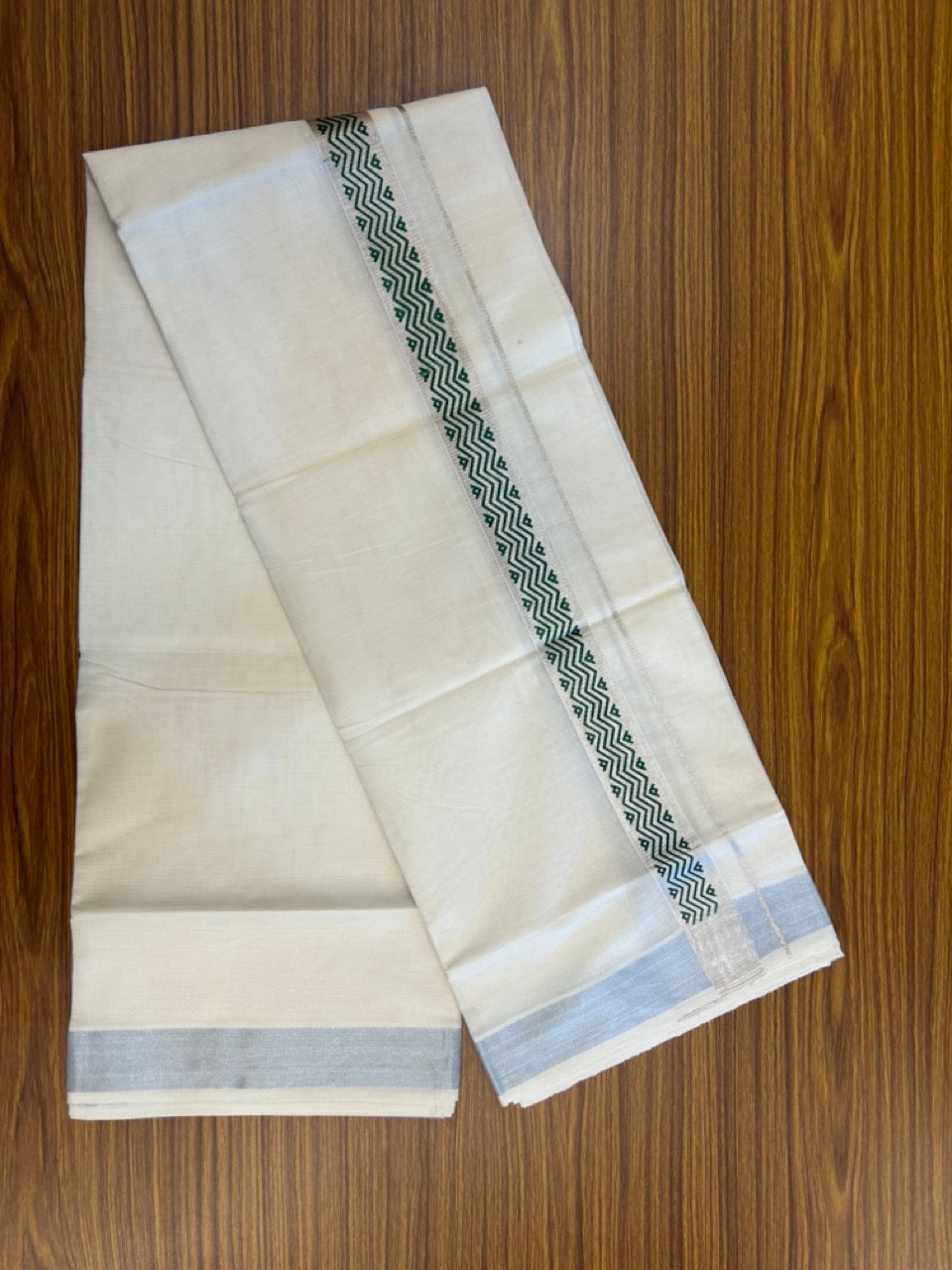 22% Discount!! KaithariKada Balaramapuram 100% Cotton Double Off White - (Ubleached) Mundu/Dhoti - 80x80 - 1.5 inch Silver Kasavu & Green Printed Design Kara - 4 mtr (8 muzham)- 26 KK5253 GAN