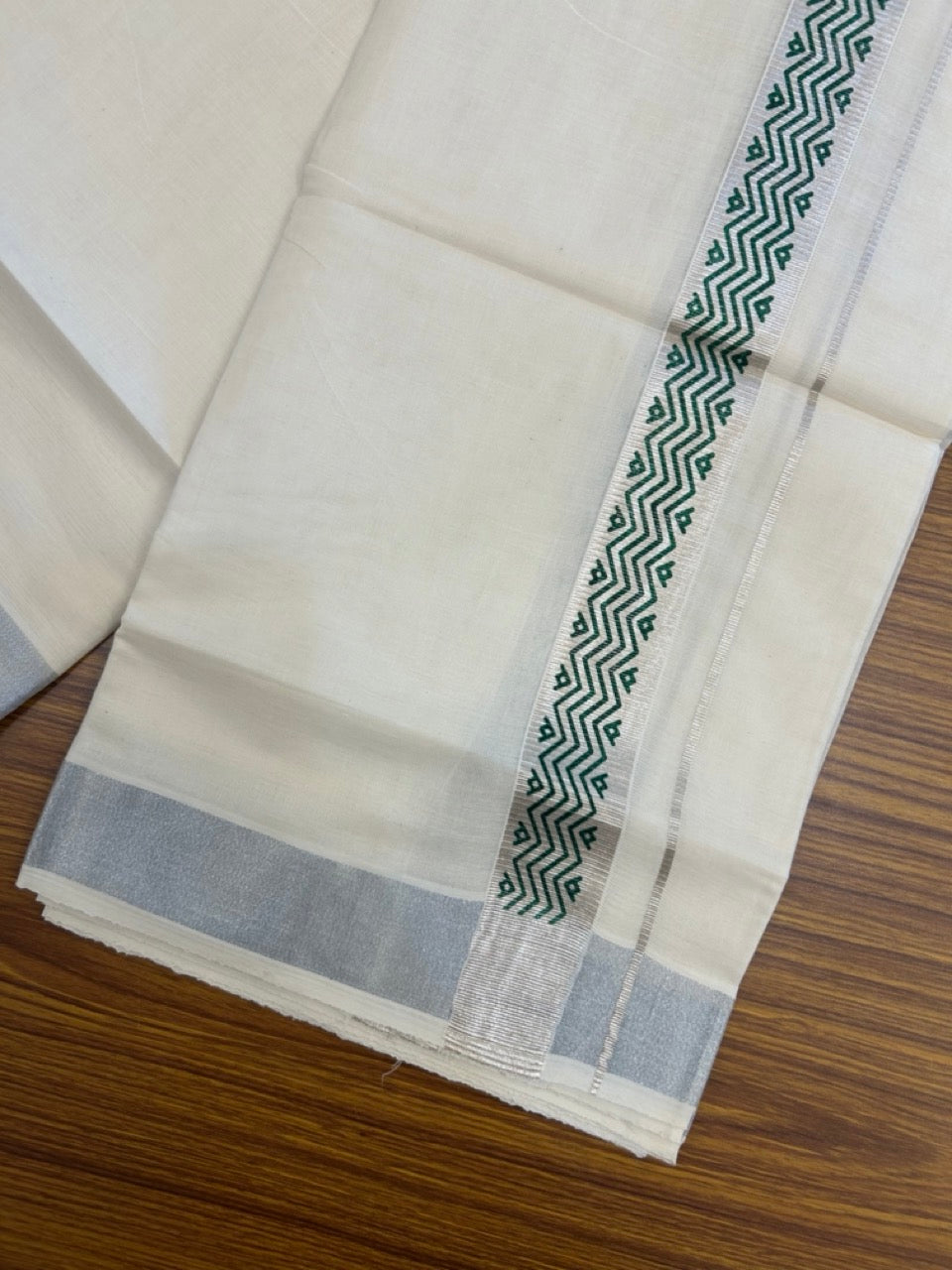 22% Discount!! KaithariKada Balaramapuram 100% Cotton Double Off White - (Ubleached) Mundu/Dhoti - 80x80 - 1.5 inch Silver Kasavu & Green Printed Design Kara - 4 mtr (8 muzham)- 26 KK5253 GAN