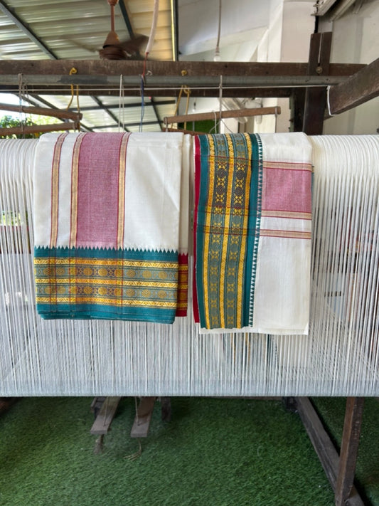 20% Discount! KaithariKada Mixed Cotton Off White - (Unbleached) 80x90 thread - North Indian - Gamcha 8x4 - 3.25 inch kara with Green & Red Gold Kasav Jacquard border - 18 KK5303 PMC