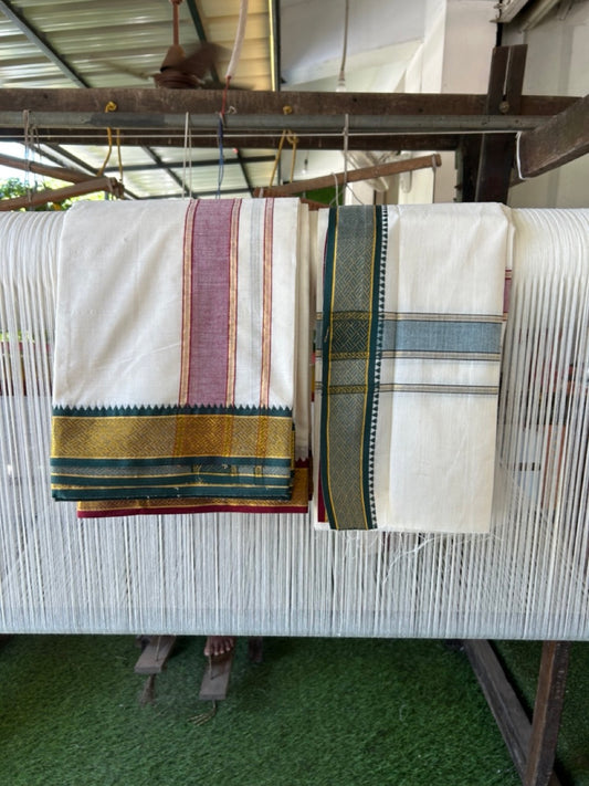 20% Discount! KaithariKada Mixed Cotton Off White - (Unbleached) 80x90 thread - North Indian - Gamcha 8x4 - 2 inch kara with Maroon & Green Gold Kasav Jacquard border - 24 KK5303 PMC