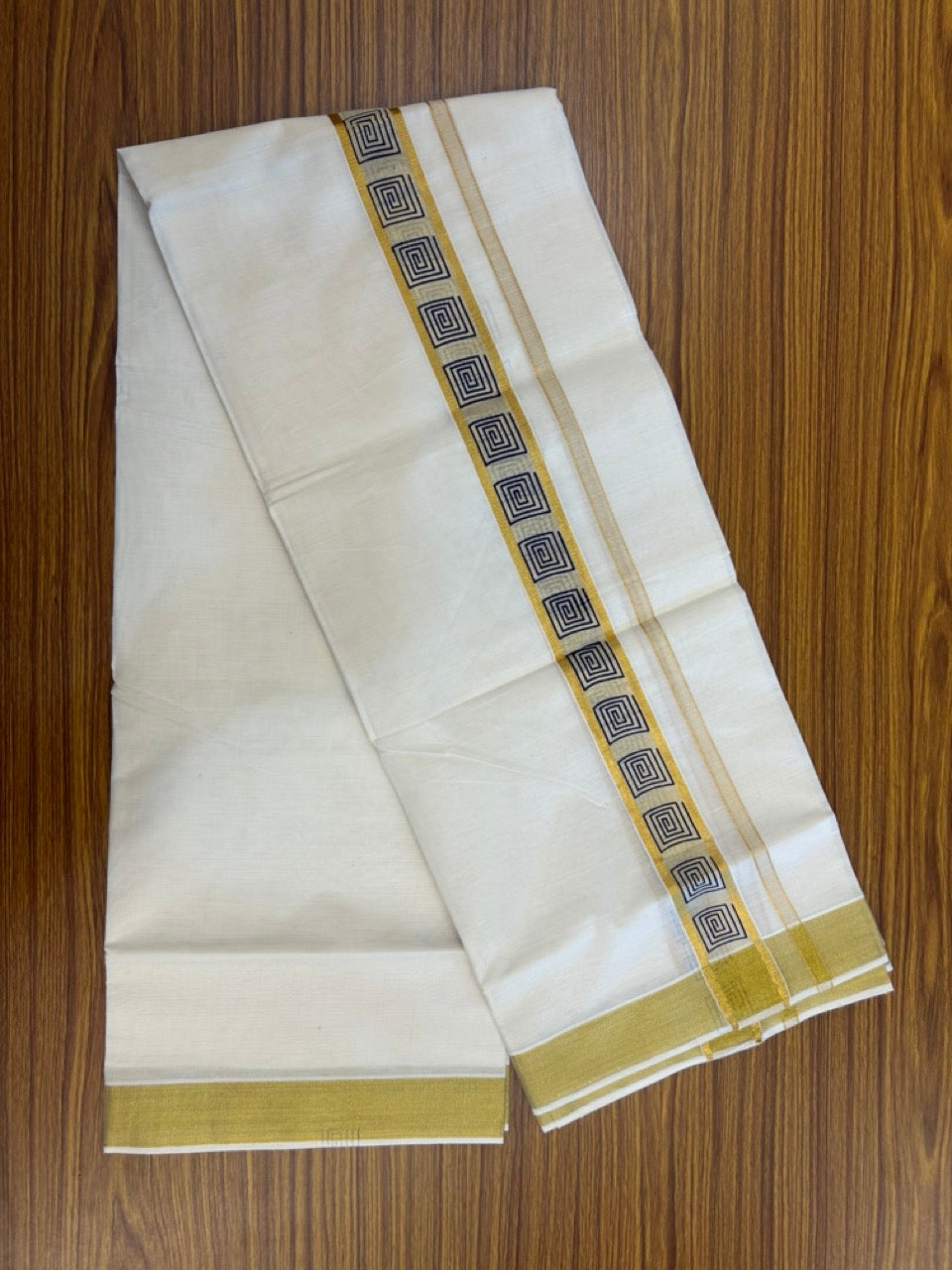 22% Discount!! KaithariKada Balaramapuram 100% Cotton Double Off White - (Ubleached) Mundu/Dhoti - 80x80 - 1.5 inch Gold Kasavu & Navy Blue Printed Design Kara - 4 mtr (8 muzham)- 28 KK5253 GAN
