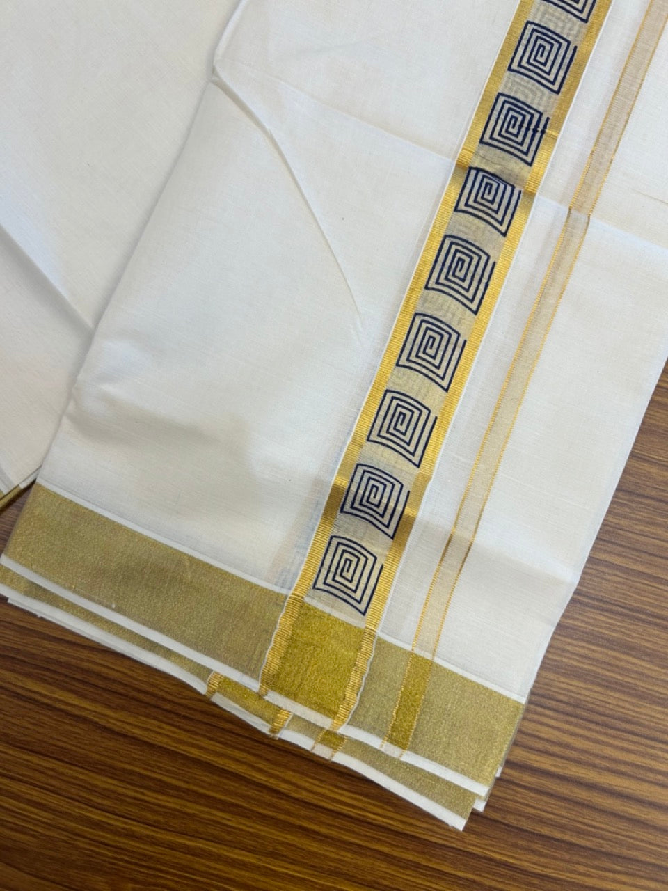 22% Discount!! KaithariKada Balaramapuram 100% Cotton Double Off White - (Ubleached) Mundu/Dhoti - 80x80 - 1.5 inch Gold Kasavu & Navy Blue Printed Design Kara - 4 mtr (8 muzham)- 28 KK5253 GAN