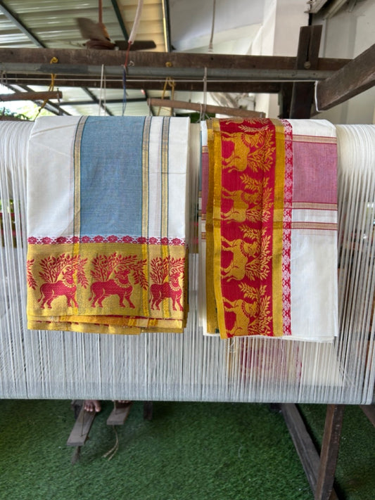 20% Discount! KaithariKada Mixed Cotton Off White - (Unbleached) 80x90 thread - North Indian - Gamcha 8x4 - 4 inch kara with Red & Green Gold Kasav Jacquard border -12 KK5303 PMC