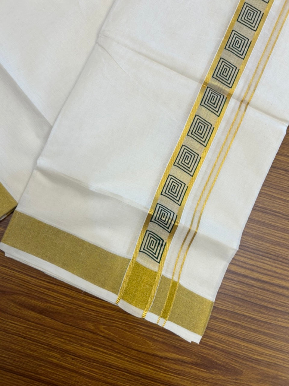 22% Discount!! KaithariKada Balaramapuram 100% Cotton Double Off White - (Ubleached) Mundu/Dhoti - 80x80 - 1.5 inch Gold Kasavu & Green Printed Design Kara - 4 mtr (8 muzham)- 29 KK5253 GAN