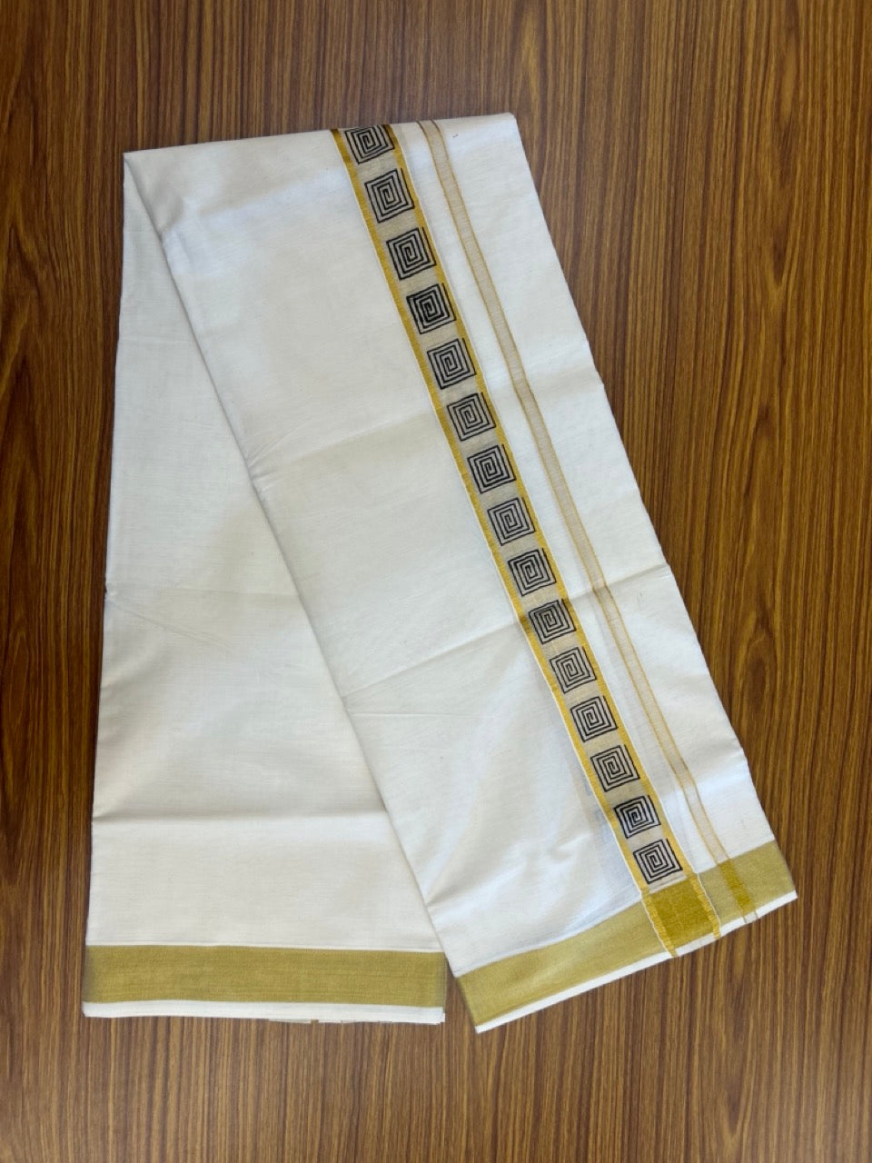 22% Discount!! KaithariKada Balaramapuram 100% Cotton Double Off White - (Ubleached) Mundu/Dhoti - 80x80 - 1.5 inch Gold Kasavu & Black Printed Design Kara - 4 mtr (8 muzham)- 30 KK5253 GAN