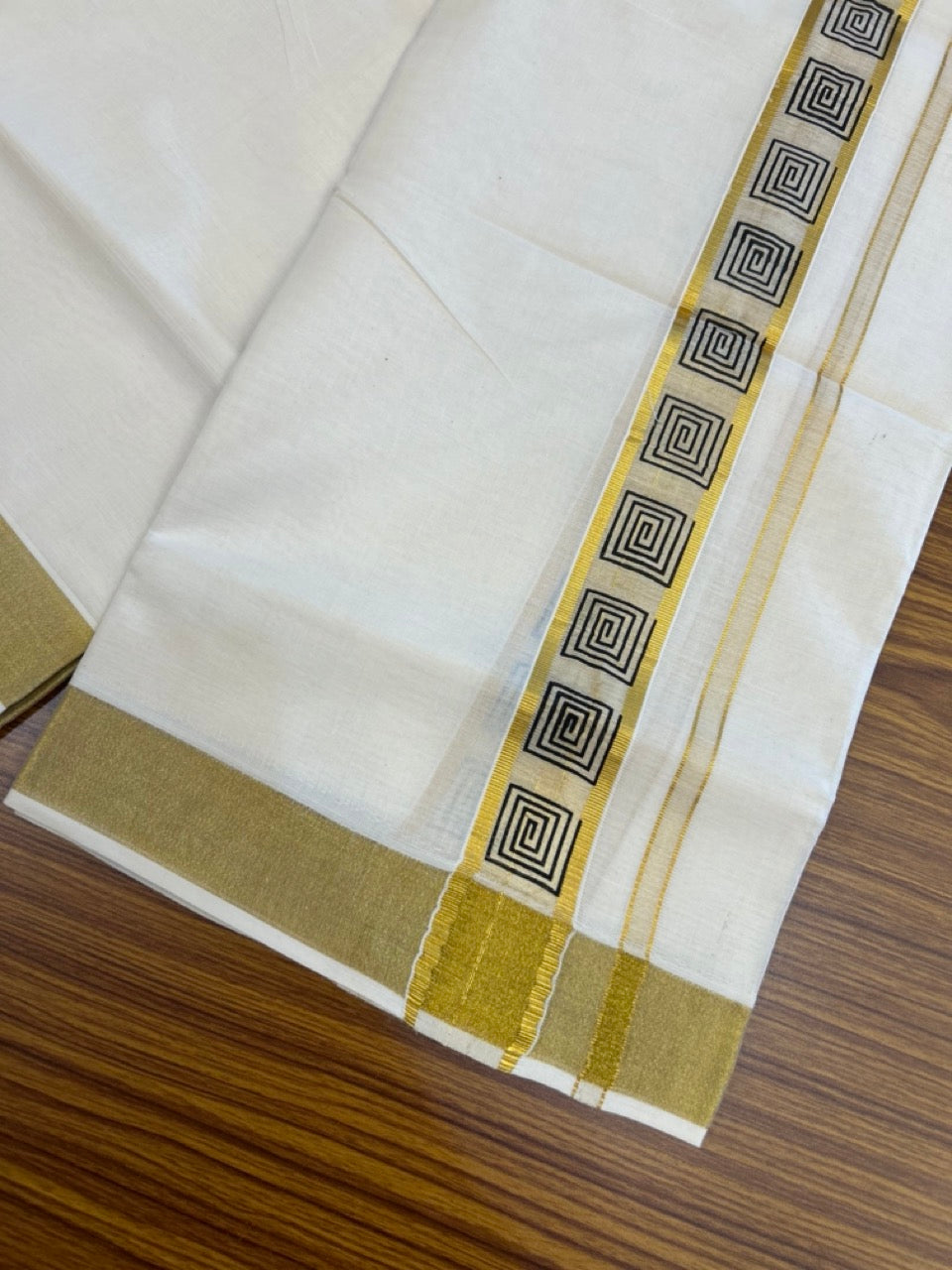 22% Discount!! KaithariKada Balaramapuram 100% Cotton Double Off White - (Ubleached) Mundu/Dhoti - 80x80 - 1.5 inch Gold Kasavu & Black Printed Design Kara - 4 mtr (8 muzham)- 30 KK5253 GAN