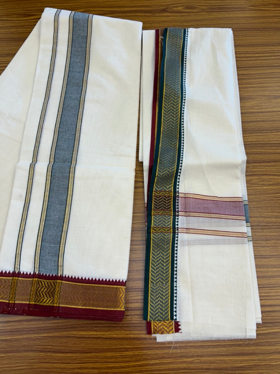 20% Discount! KaithariKada Mixed Cotton Off White - (Unbleached) 80x90 thread - North Indian - Gamcha 8x4 - 2 inch kara with Green & Maroon Gold Kasav Jacquard border - 16 KK5303 PMC