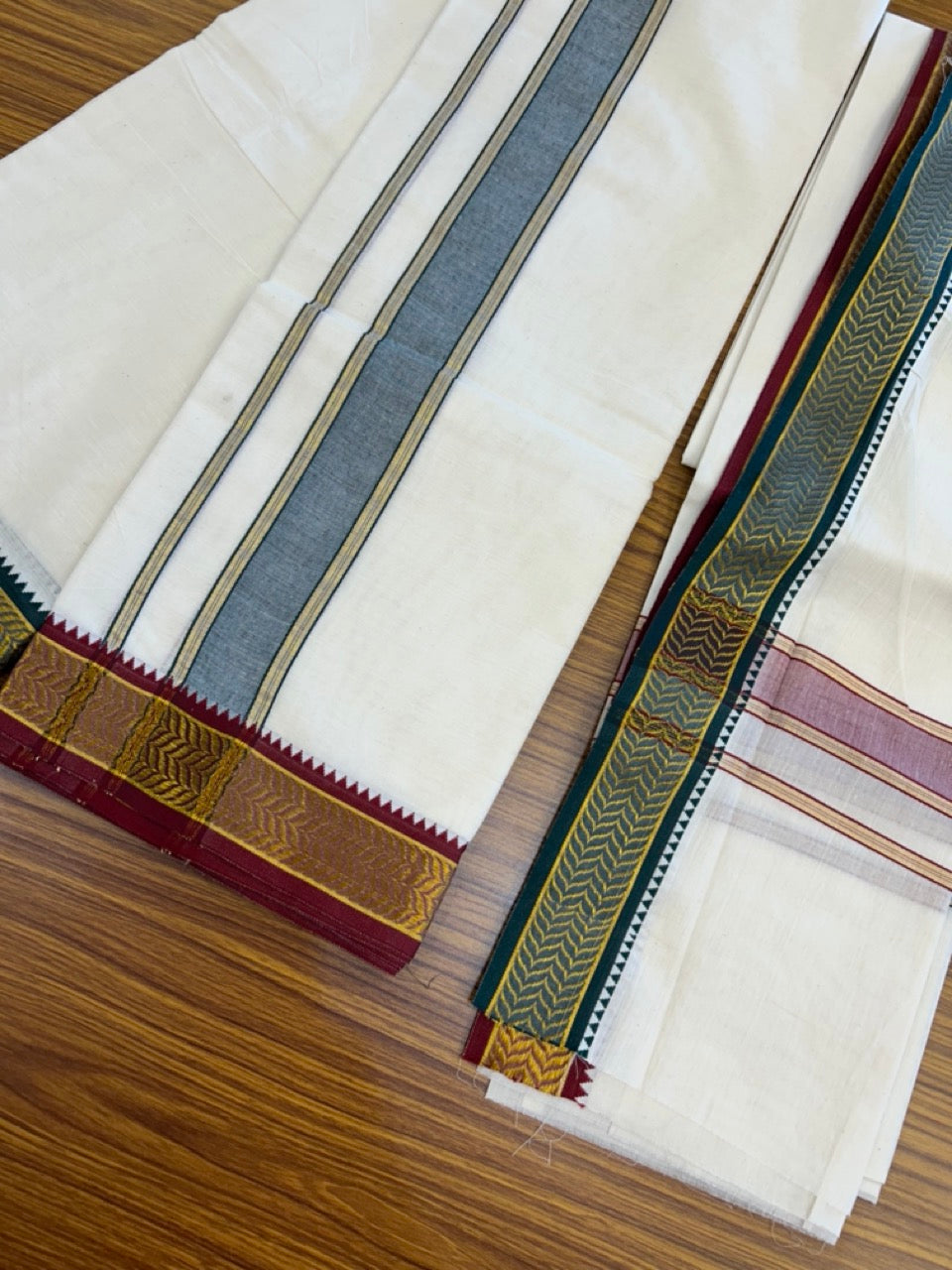 20% Discount! KaithariKada Mixed Cotton Off White - (Unbleached) 80x90 thread - North Indian - Gamcha 8x4 - 2 inch kara with Green & Maroon Gold Kasav Jacquard border - 16 KK5303 PMC