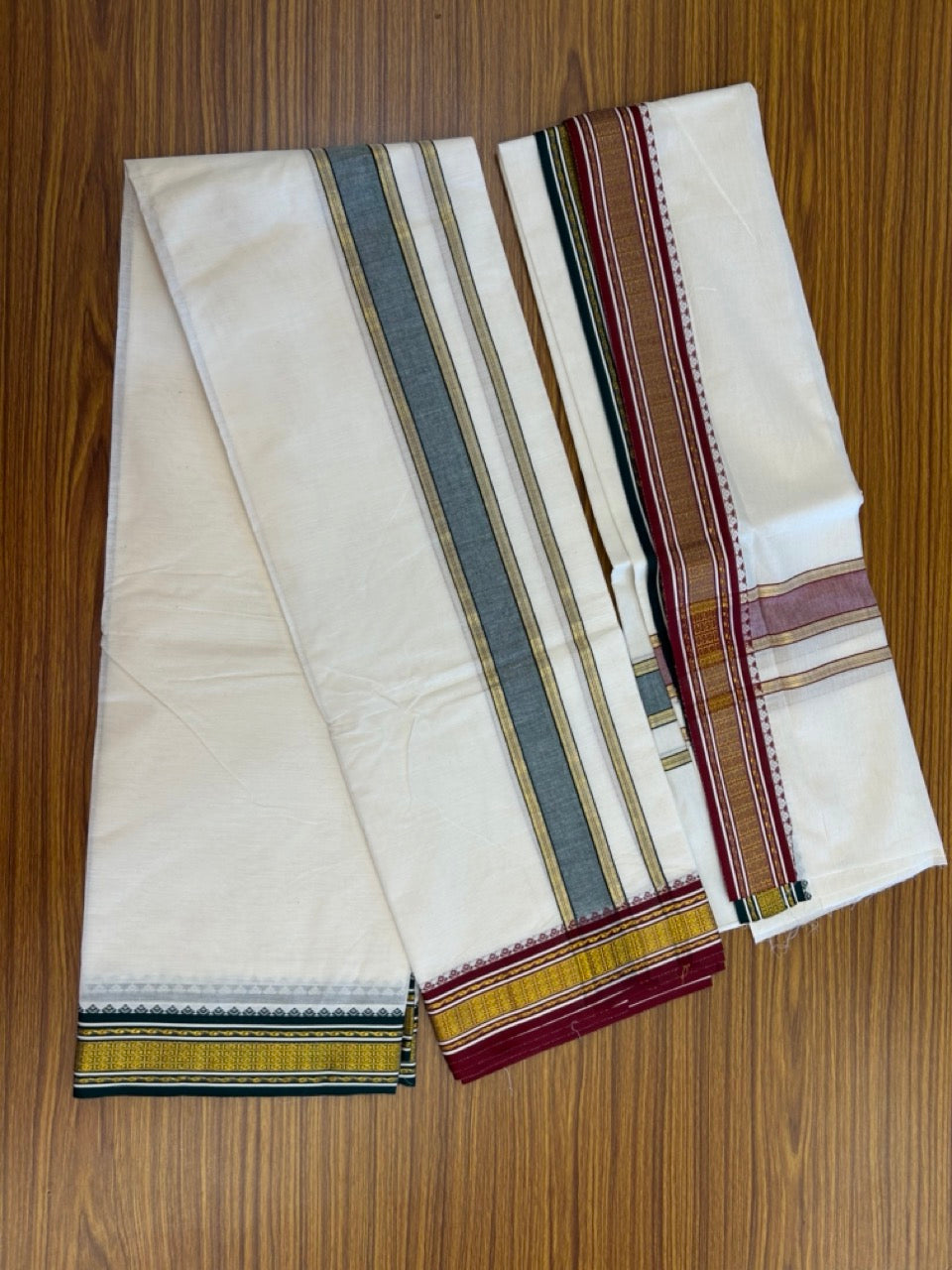 20% Discount! KaithariKada Mixed Cotton Off White - (Unbleached) 80x90 thread - North Indian - Gamcha 8x4 - 2 inch kara with Green & Maroon Gold Kasav Jacquard border - 21 KK5303 PMC