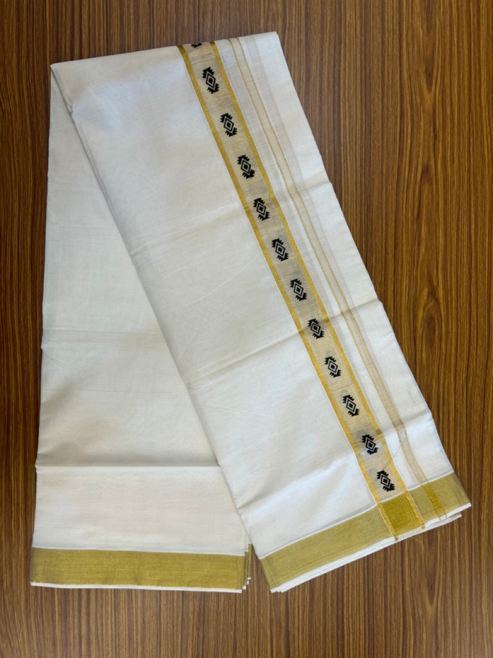 22% Discount!! KaithariKada Balaramapuram 100% Cotton Double Off White - (Ubleached) Mundu/Dhoti - 80x80 - 1.5 inch Gold Kasavu & Black Printed Design Kara - 4 mtr (8 muzham)- 32 KK5253 GAN