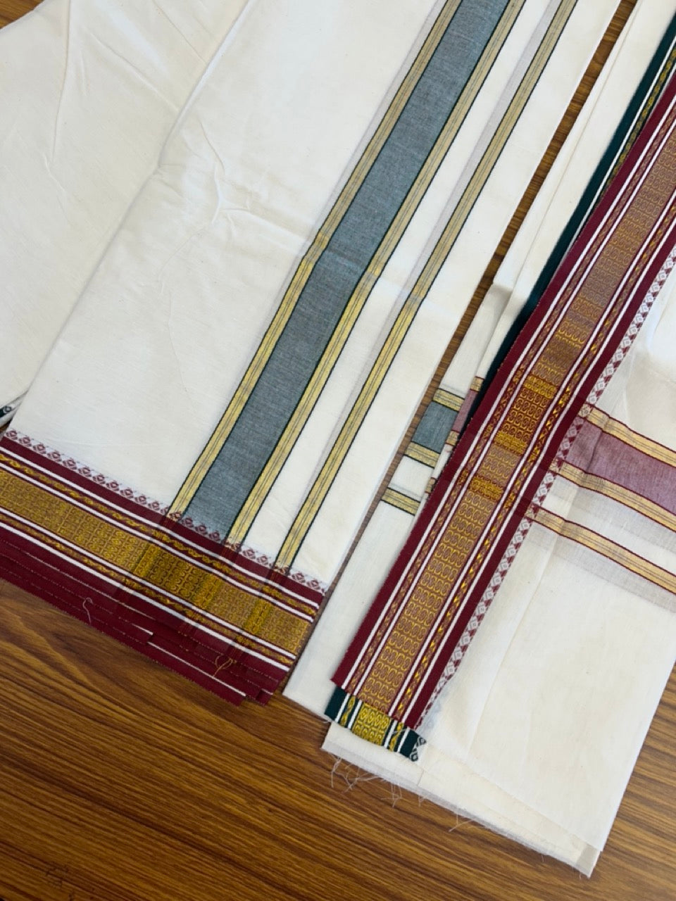 20% Discount! KaithariKada Mixed Cotton Off White - (Unbleached) 80x90 thread - North Indian - Gamcha 8x4 - 2 inch kara with Green & Maroon Gold Kasav Jacquard border - 21 KK5303 PMC