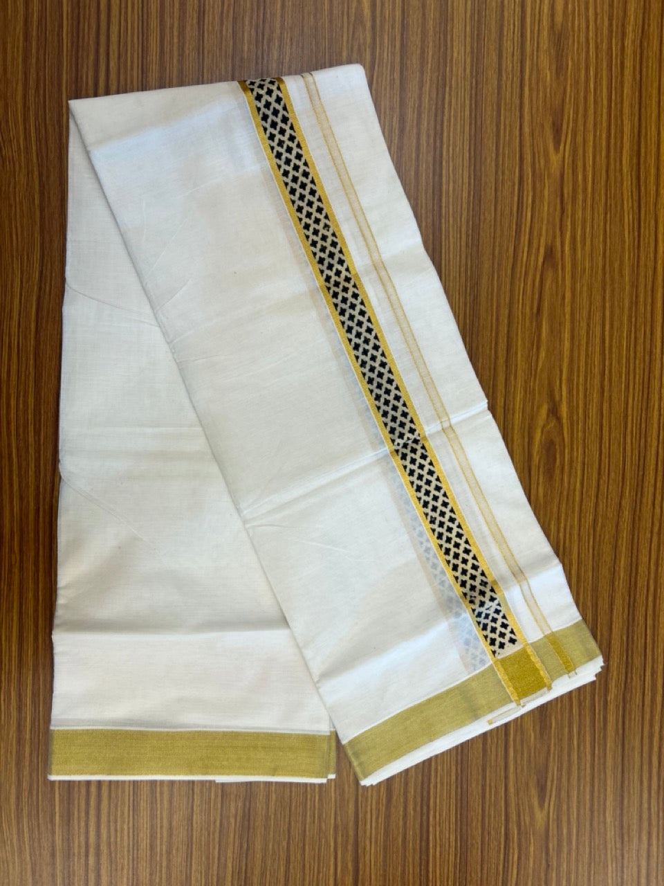 22% Discount!! KaithariKada Balaramapuram 100% Cotton Double Off White - (Ubleached) Mundu/Dhoti - 80x80 - 1.5 inch Gold Kasavu & Black Printed Design Kara - 4 mtr (8 muzham)- 33 KK5253 GAN