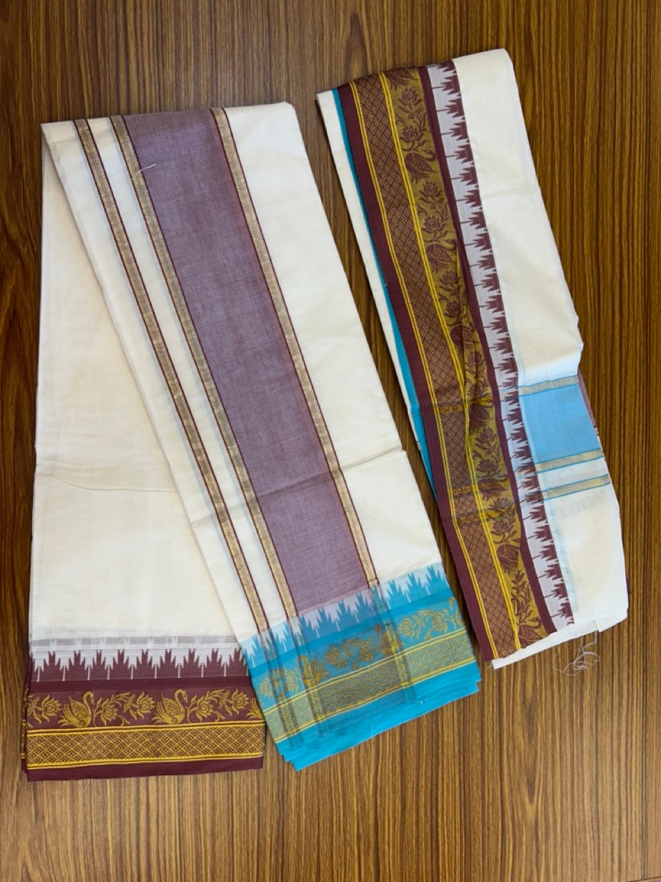 20% Discount! KaithariKada Mixed Cotton Off White - (Unbleached) 80x90 thread - North Indian - Gamcha 8x4 - 4 inch kara with Maroon & Cyan Blue Gold Kasav Jacquard border - 7 KK5303 PMC