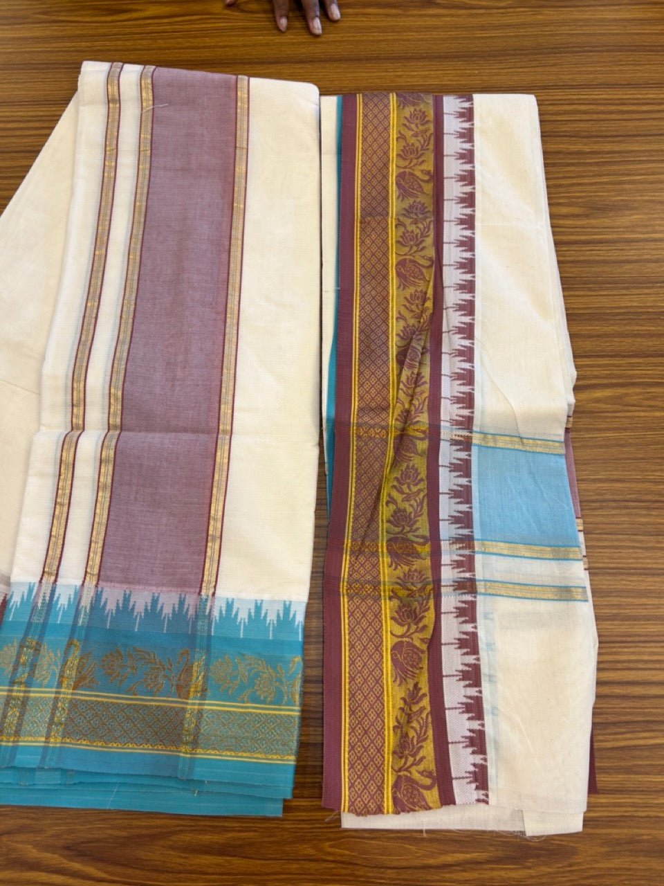 20% Discount! KaithariKada Mixed Cotton Off White - (Unbleached) 80x90 thread - North Indian - Gamcha 8x4 - 4 inch kara with Maroon & Cyan Blue Gold Kasav Jacquard border - 7 KK5303 PMC