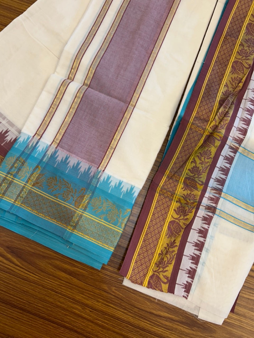 20% Discount! KaithariKada Mixed Cotton Off White - (Unbleached) 80x90 thread - North Indian - Gamcha 8x4 - 4 inch kara with Maroon & Cyan Blue Gold Kasav Jacquard border - 7 KK5303 PMC