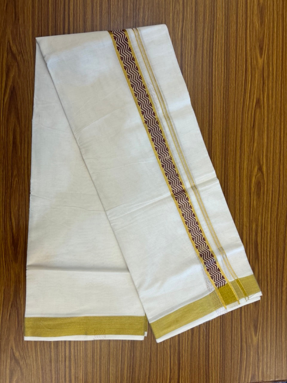 22% Discount!! KaithariKada Balaramapuram 100% Cotton Double Off White - (Ubleached) Mundu/Dhoti - 80x80 - 1.5 inch Gold Kasavu & Maroon Printed Design Kara - 4 mtr (8 muzham)- 34 KK5253 GAN