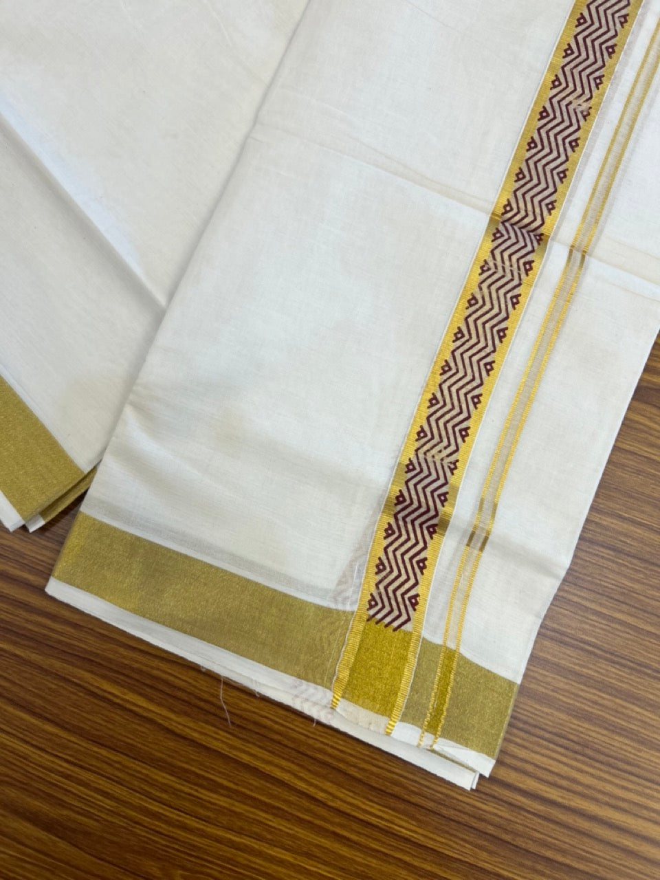 22% Discount!! KaithariKada Balaramapuram 100% Cotton Double Off White - (Ubleached) Mundu/Dhoti - 80x80 - 1.5 inch Gold Kasavu & Maroon Printed Design Kara - 4 mtr (8 muzham)- 34 KK5253 GAN