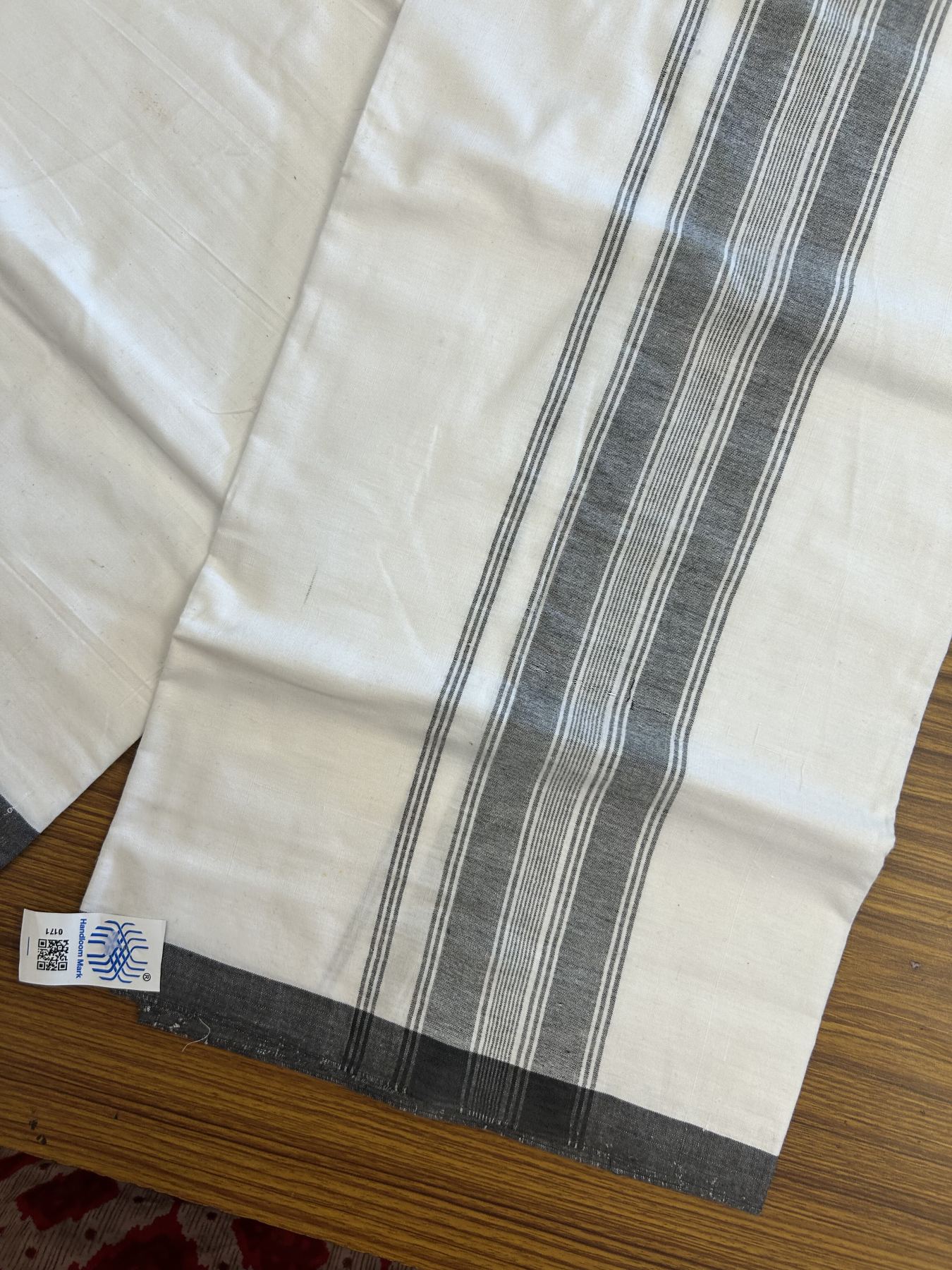 Kerala Handloom - Signature Kaitharikada - Government Sealed Hallmarked - 100% Pure Cotton 2/60X40s Thread - Light White Single Mundu / Dhoti - 2.75 inch Black Striped Kara - 6 KK8046 KAL