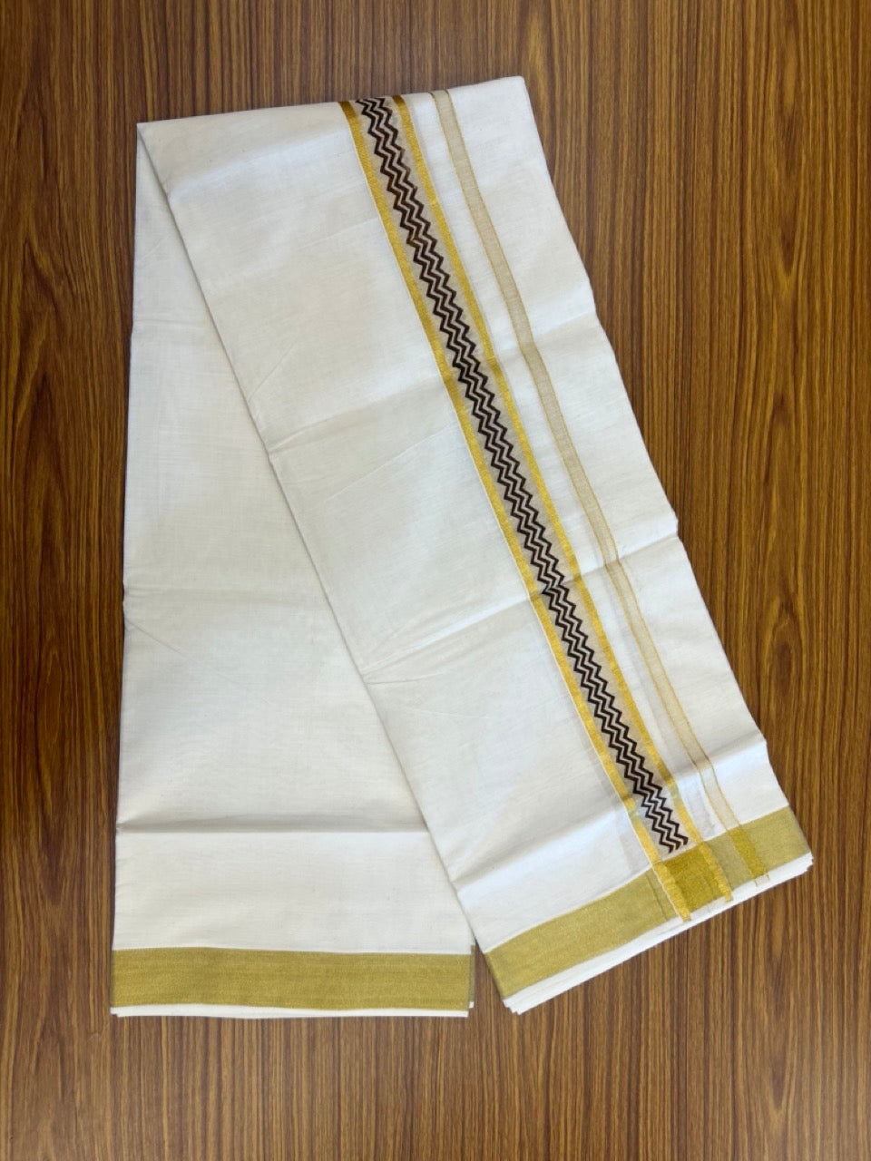 22% Discount!! KaithariKada Balaramapuram 100% Cotton Double Off White - (Ubleached) Mundu/Dhoti - 80x80 - 1.5 inch Gold Kasavu & Brown Printed Design Kara - 4 mtr (8 muzham)- 35 KK5253 GAN