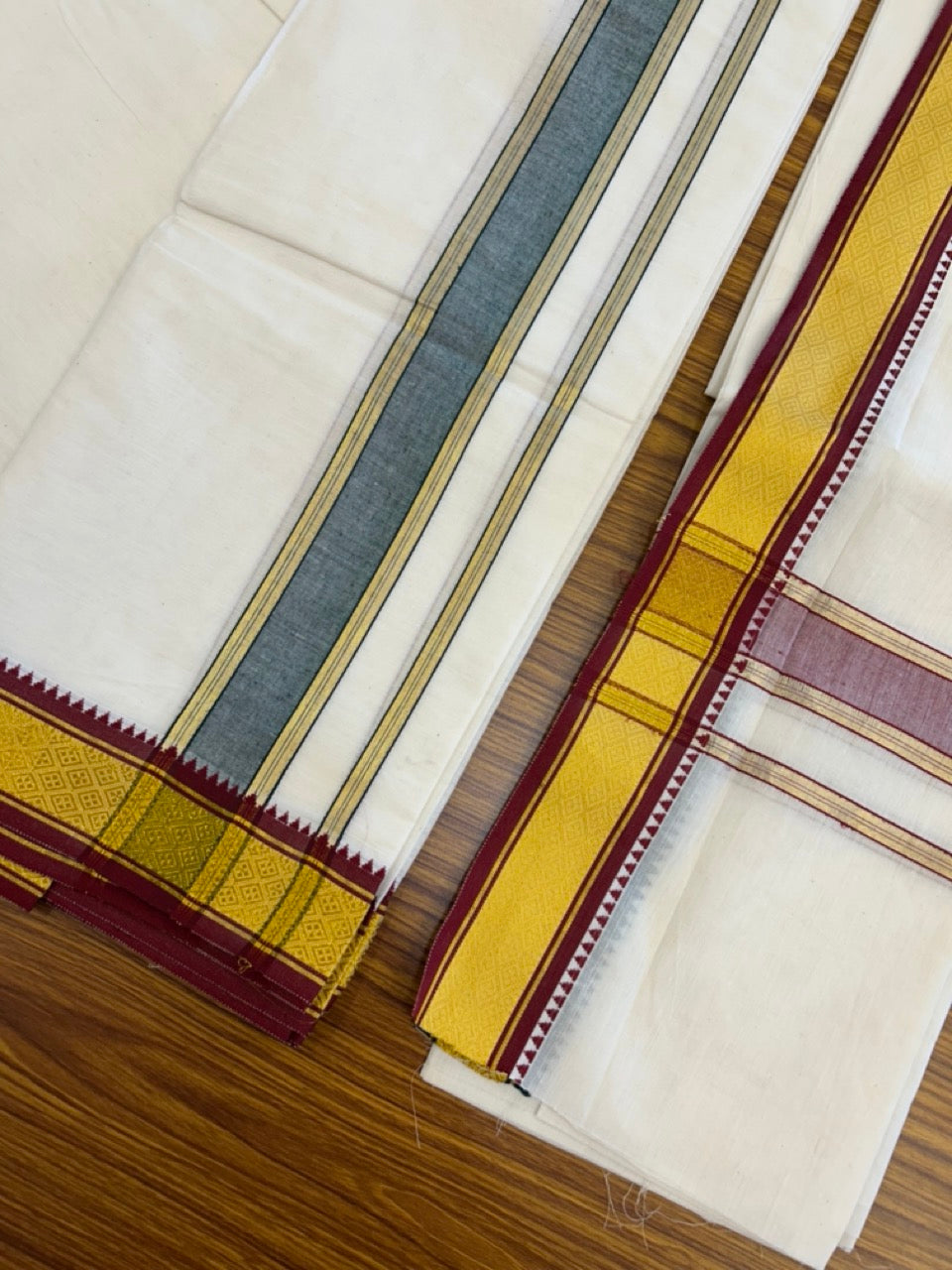 20% Discount! KaithariKada  Mixed Cotton Off White - (Unbleached) 80x90 thread - North Indian - Gamcha 8x4 - 2 inch kara with Maroon & Dark Green Gold Kasav border - 8 KK5303 PMC