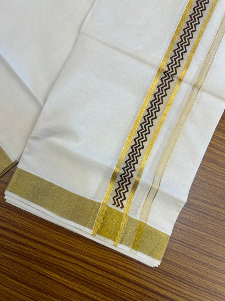 22% Discount!! KaithariKada Balaramapuram 100% Cotton Double Off White - (Ubleached) Mundu/Dhoti - 80x80 - 1.5 inch Gold Kasavu & Brown Printed Design Kara - 4 mtr (8 muzham)- 35 KK5253 GAN