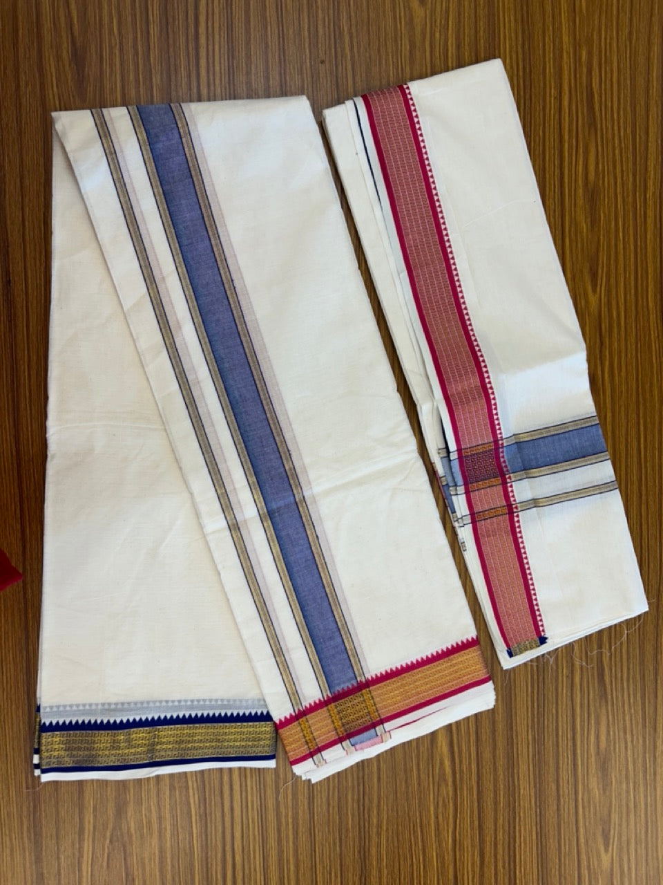 20% Discount! KaithariKada Mixed Cotton Off White - (Unbleached) 80x90 thread - North Indian - Gamcha 8x4 - 2 inch kara with Blue & Rani Pink Gold Kasav Jacquard border - 15 KK5303 PMC