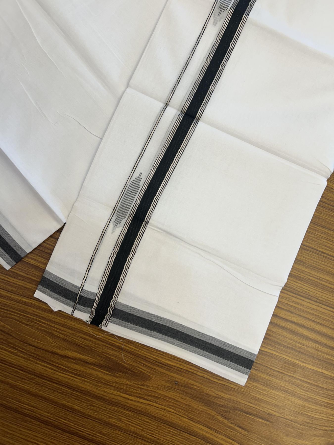 20% Discount ! Kaitharikada Balaramapuram 100% Cotton Pure White Double Mundu/Dothi - 100x80 - 1.5 inch Black & Silver Kasav Striped Design Kara 3.90 mtr (8 muzham) - 83 KK5356 VAS