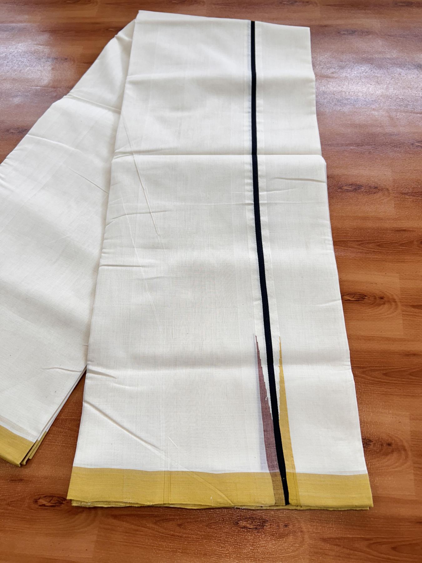 Double Off White (Unbleached) Mundu/Dhoti - 25% Discount!! KaithariKada Handloom Unakkupaav - Kerala Handloom - 100% Pure Cotton - 100x80 - 1 inch Black, Golden Yellow & Multi Colour Chutty Kara 4 meter (8.5 muzham) - 10 KK5436 REA
