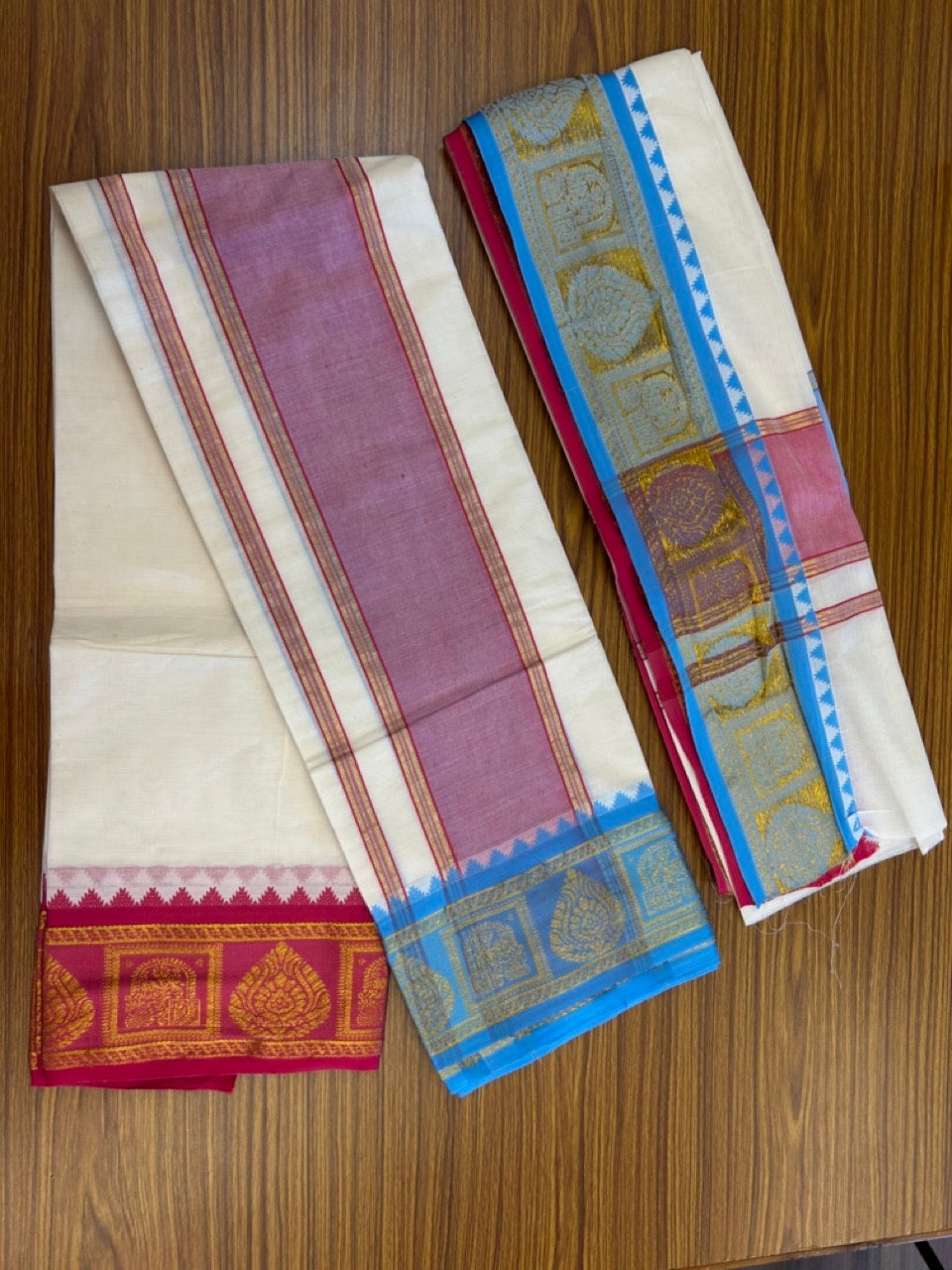 20% Discount! KaithariKada Mixed Cotton Off White - (Unbleached) 80x90 thread - North Indian - Gamcha 8x4 - 4 inch kara with Light Blue & Rani Pink Gold Kasav Jacquard border - 13 KK5303 PMC