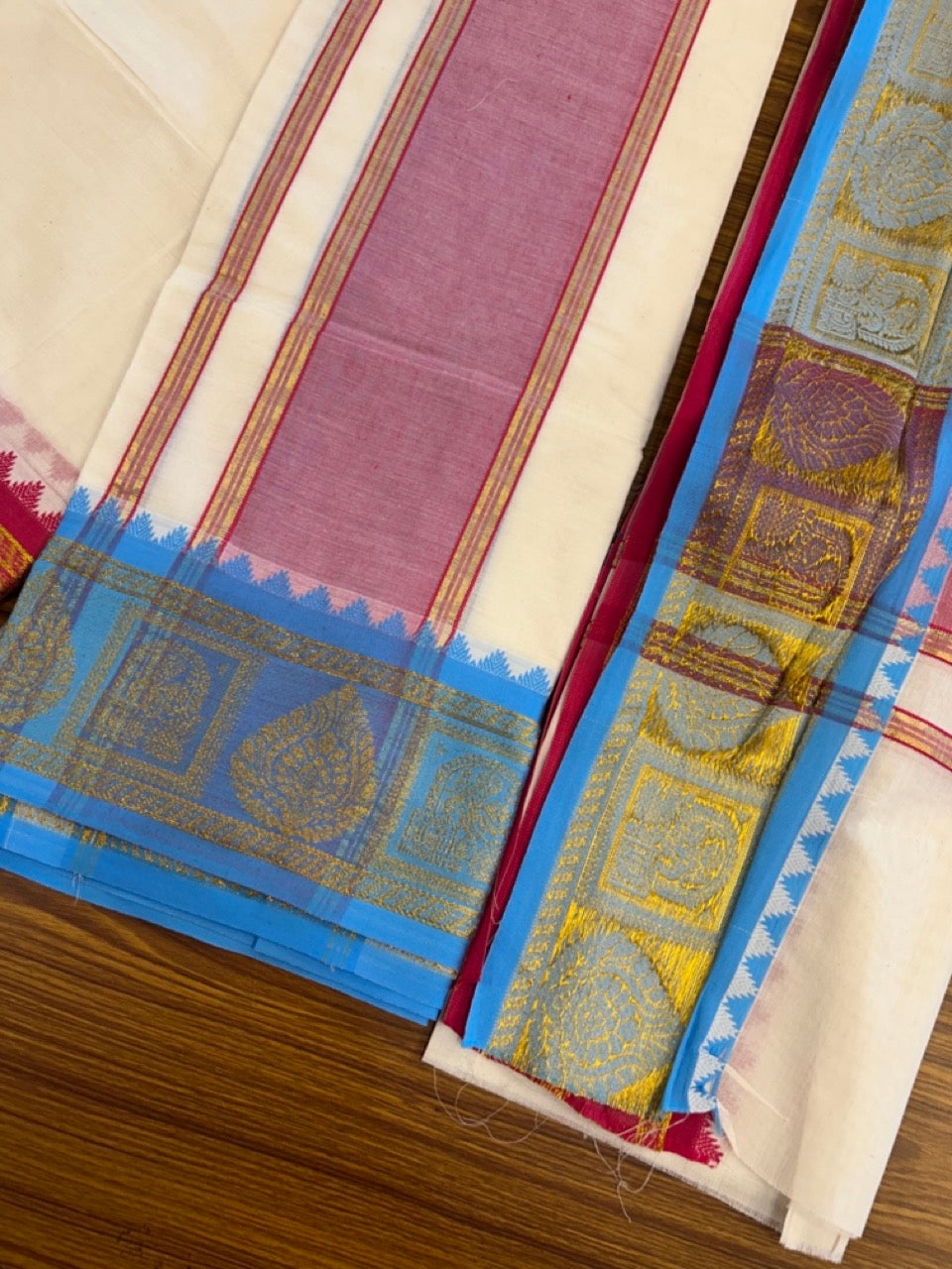 20% Discount! KaithariKada Mixed Cotton Off White - (Unbleached) 80x90 thread - North Indian - Gamcha 8x4 - 4 inch kara with Light Blue & Rani Pink Gold Kasav Jacquard border - 13 KK5303 PMC
