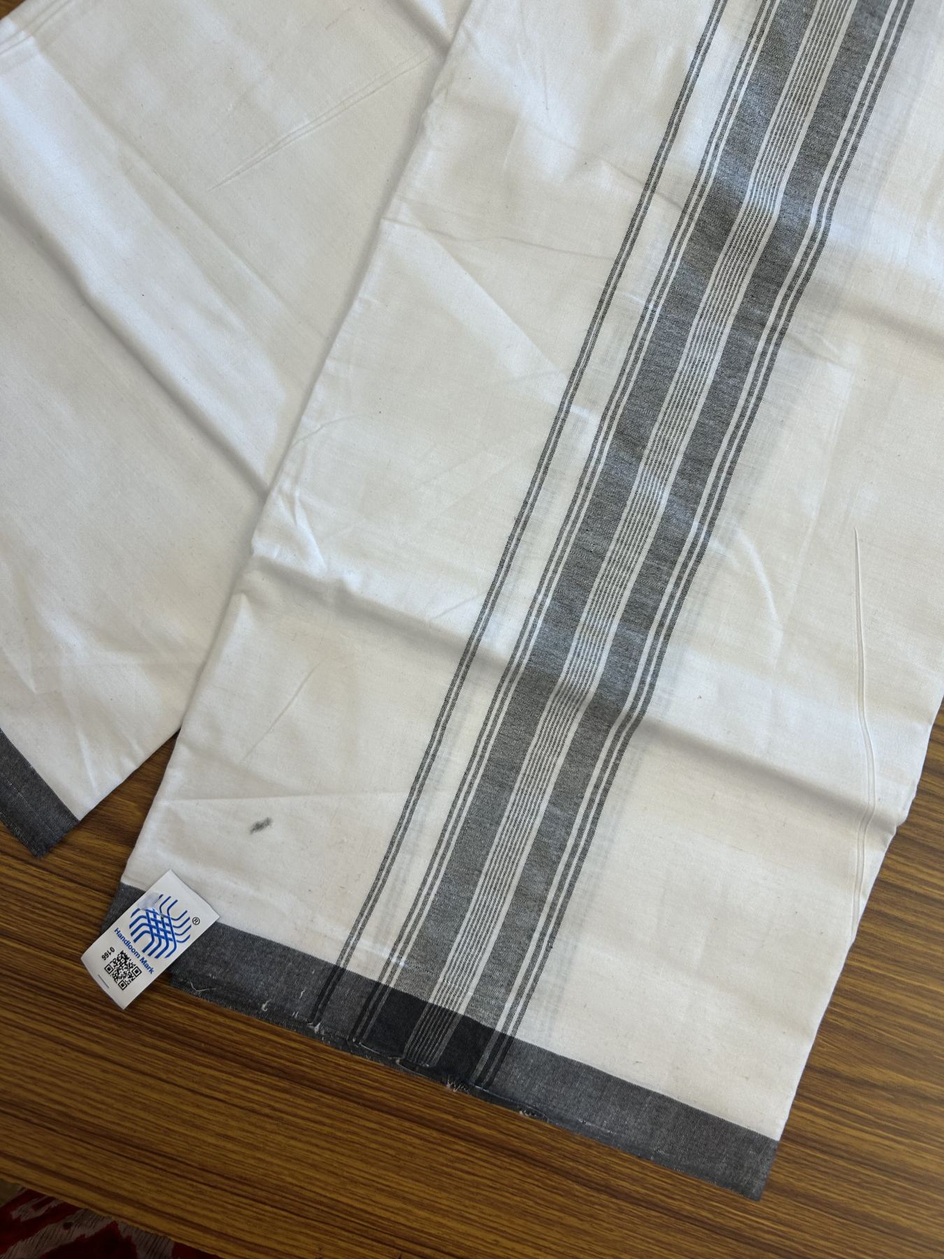 Kerala Handloom - Signature Kaitharikada - Government Sealed Hallmarked - 100% Pure Cotton 2/60X40s Thread - Light White Single Mundu / Dhoti - 2 inch Black Striped Kara - 5 KK8046 KAL
