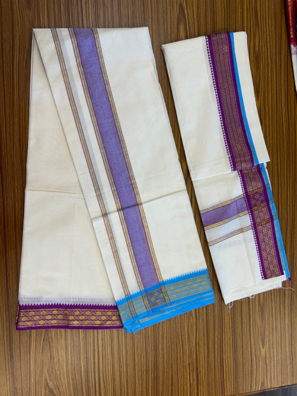 20% Discount! KaithariKada Mixed Cotton Off White - (Unbleached) 80x90 thread - North Indian - Gamcha 8x4 - 2.25 inch kara with Purple & Light Blue Gold Kasav Jacquard border - 23 KK5303 PMC