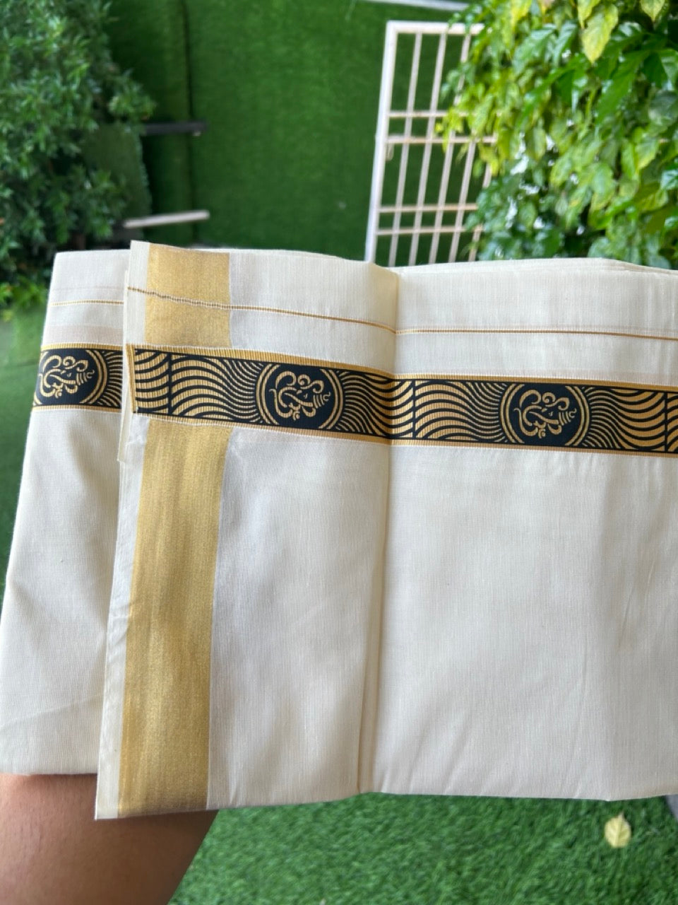 20% Discount!! KaithariKada Balaramapuram Mixed Cotton DOUBLE OFF WHITE - (Unbleached) Mundu/Dhoti - 80x72 - 1.5 inch Kasavu & Black ganapathy Pattern printed Design Kara - 101KK5227 PMC