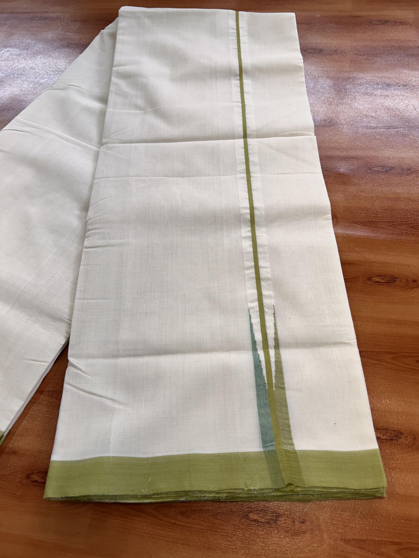 Double Off White (Unbleached) Mundu/Dhoti - 25% Discount!! KaithariKada Handloom Unakkupaav - Kerala Handloom - 100% Pure Cotton - 100x80 - 1 inch Light Olive Green & Multi Colour Chutty Kara 4 meter (8.5 muzham) - 8 KK5436 REA