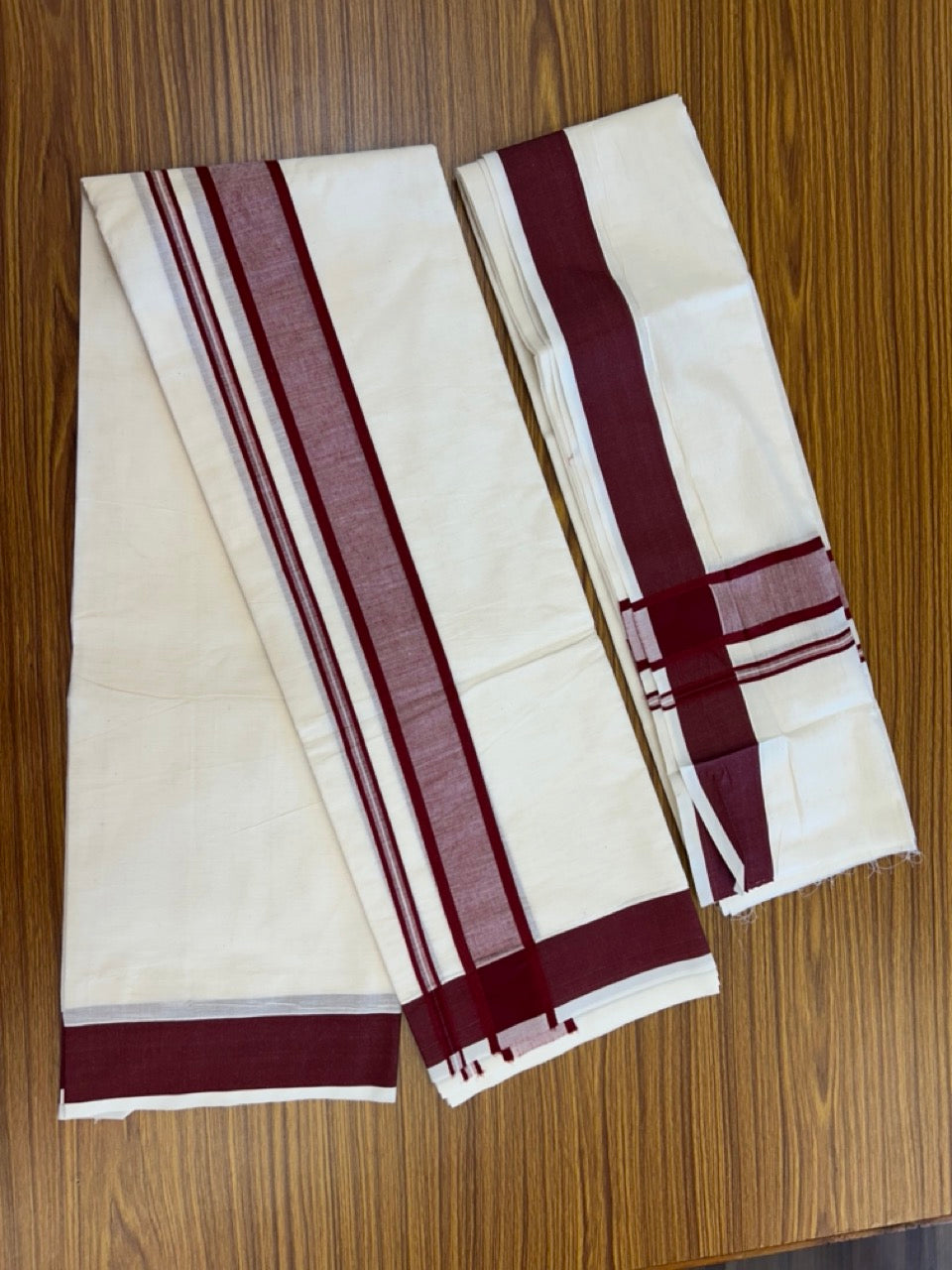 20% Discount! KaithariKada Mixed Cotton Off White - (Unbleached) 80x90 thread - North Indian - Gamcha 8x4 - 2 inch Maroon Shaded kara with Maroon border - 26 KK5303 PMC