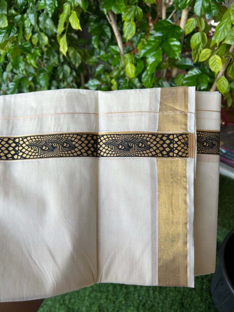 20% Discount!! KaithariKada Balaramapuram Mixed Cotton DOUBLE OFF WHITE - (Unbleached) Mundu/Dhoti - 80x72 - 1.25 inch Kasavu & Black Peacock feather Printed Design Kara - 97KK5227 PMC