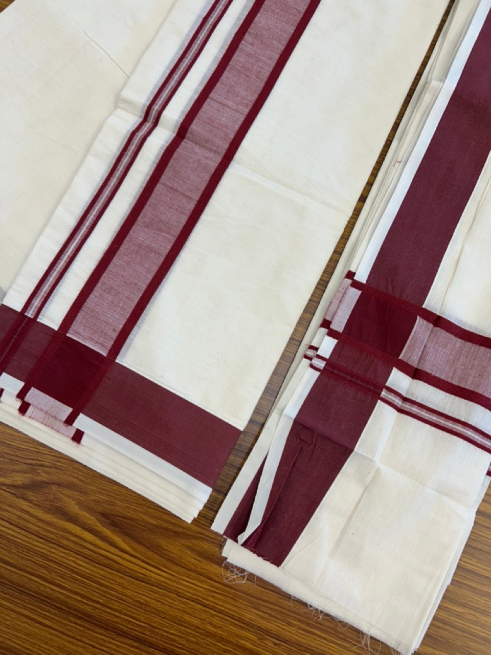 20% Discount! KaithariKada Mixed Cotton Off White - (Unbleached) 80x90 thread - North Indian - Gamcha 8x4 - 2 inch Maroon Shaded kara with Maroon border - 26 KK5303 PMC